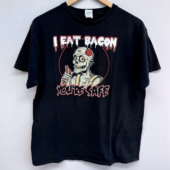 Zombie Humorous Halloween Graphic T-Shirt "I Eat Bacon You're Safe" Men's Large - Picture 1 of 6